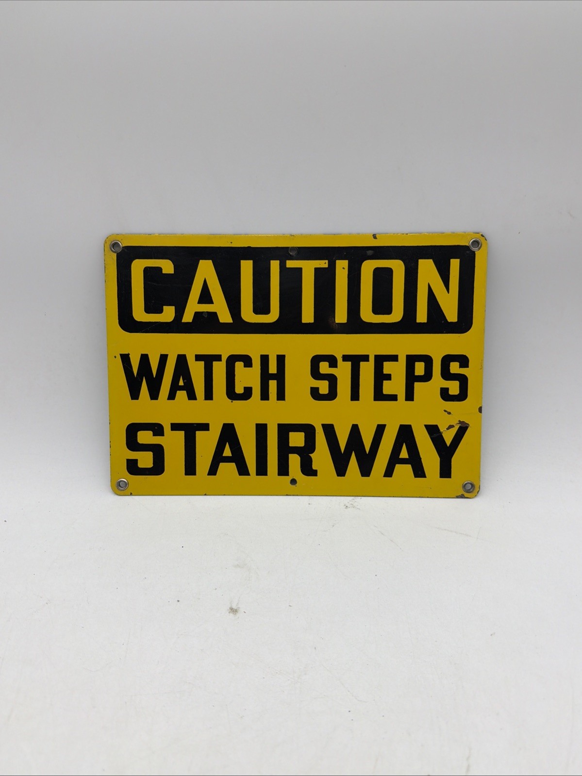 Porcelain CAUTION SIGN – Watch Steps Stairway – Rare Yellow And Black Sign