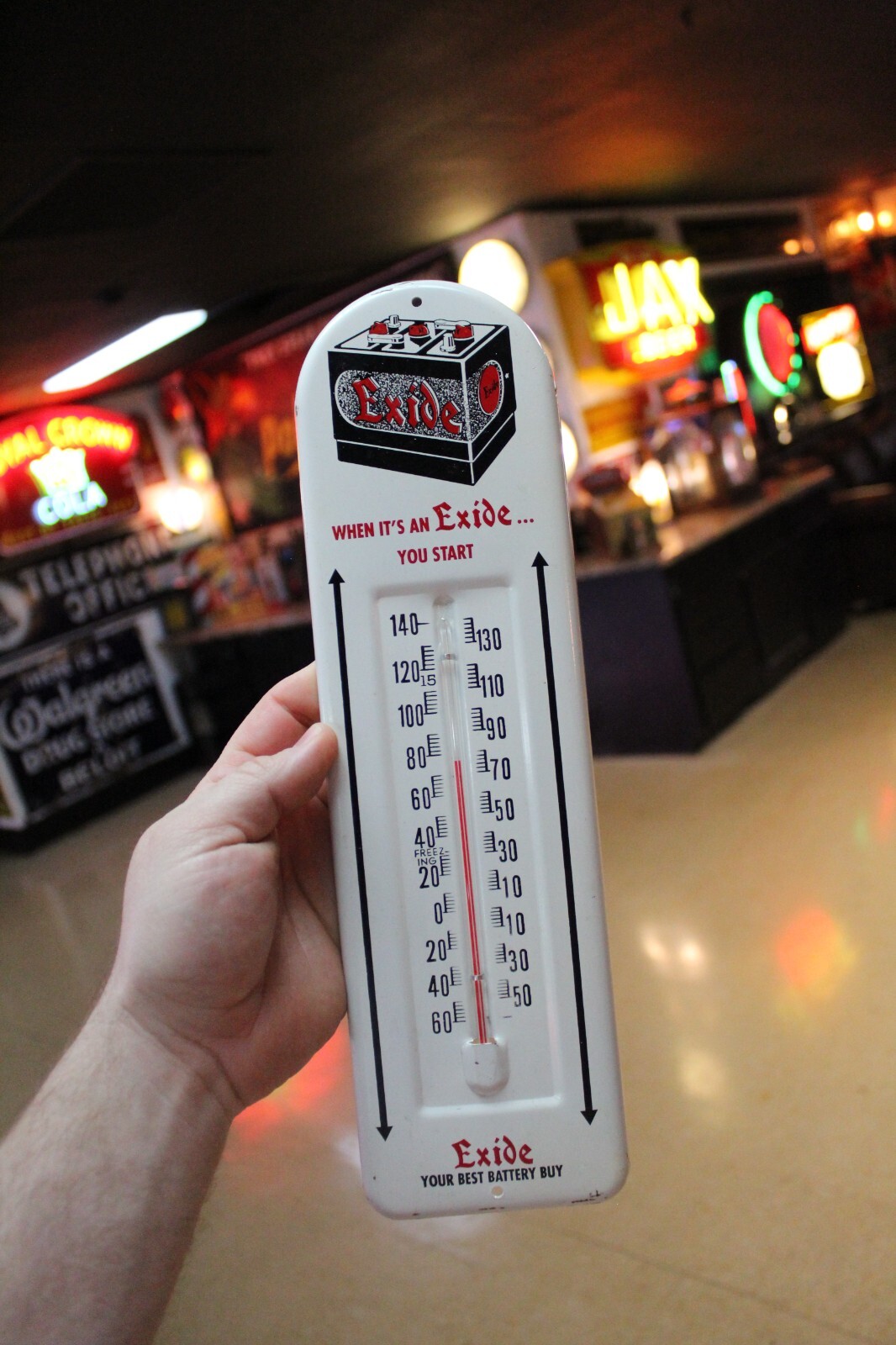 RARE 1950s EXIDE CAR BATTERY DEALER EMBOSSED METAL THERMOMETER SIGN GAS FORD