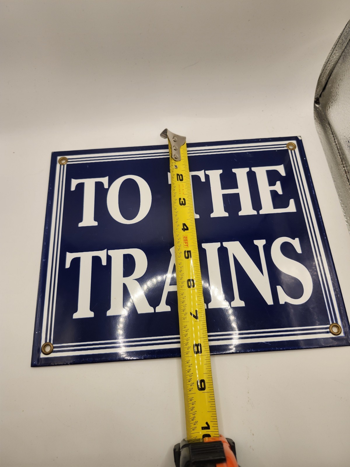 Vintage To The Trains Railroad Sign – Directional Railway Station Porcelain Sign