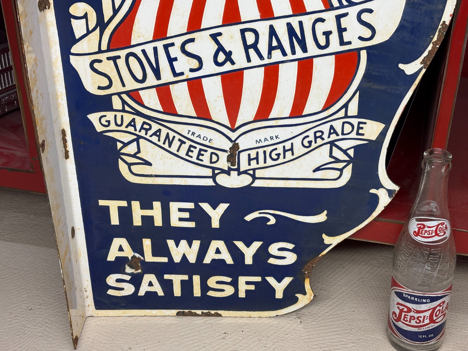 ORIGINAL 1930’s/1940’s (NATIONAL STOVES & RANGES) PORCELAIN FLANGE SIGN, RARE