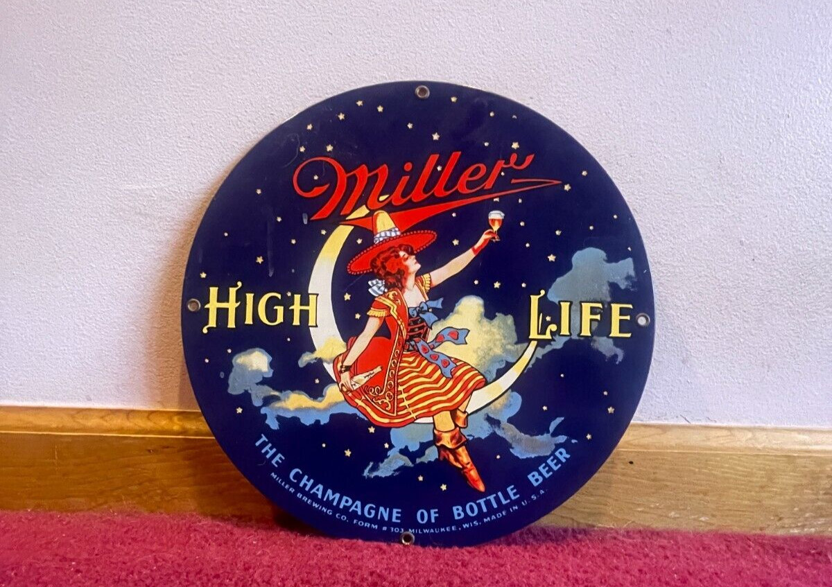 11 in MILLER HIGH LIFE BEER ADVERTISING SIGN DIE CUT METAL PORCELAIN S 279 C