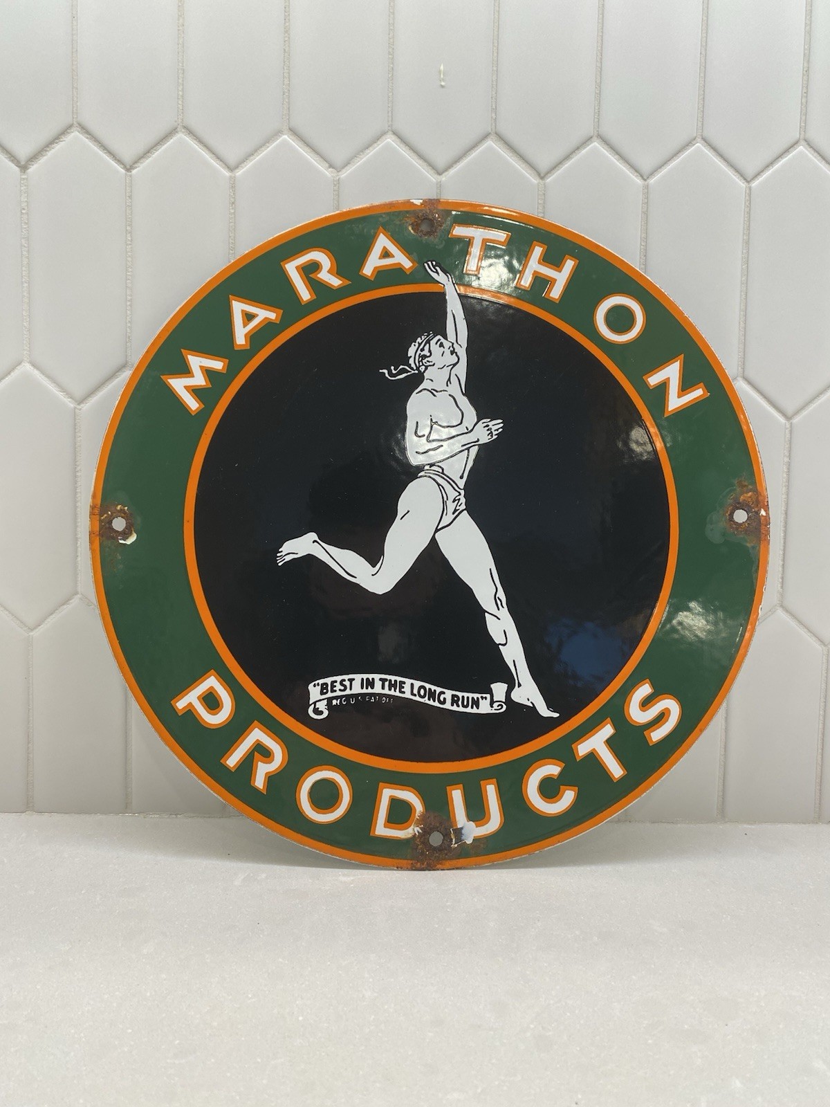 VINTAGE MARATHON GAS & OIL PRODUCTS 12″ PORCELAIN METAL CAR SIGN L👀K