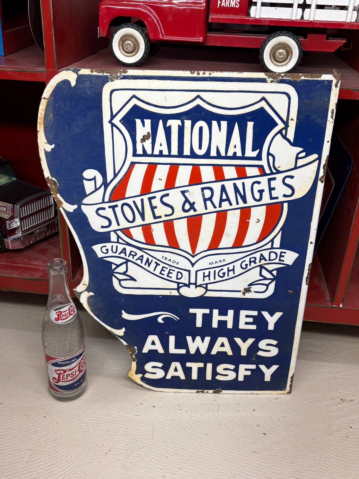ORIGINAL 1930’s/1940’s (NATIONAL STOVES & RANGES) PORCELAIN FLANGE SIGN, RARE