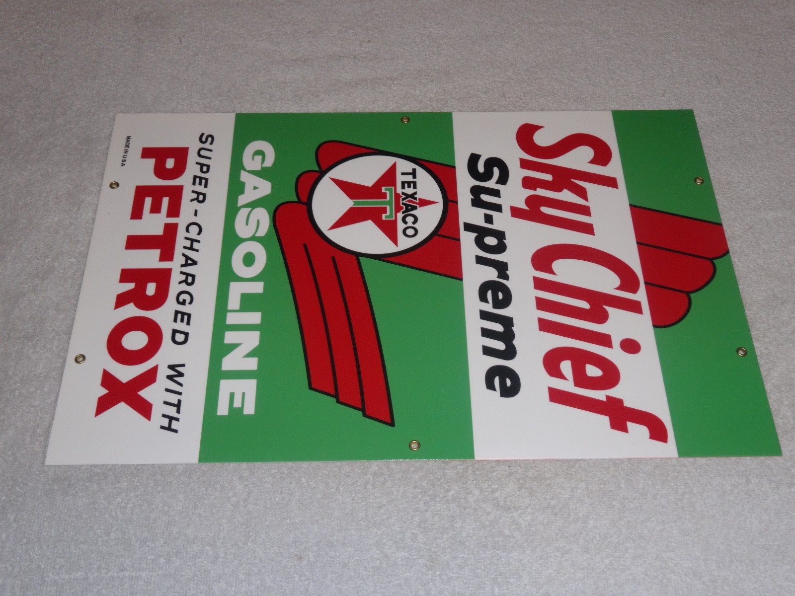 VINTAGE TEXACO SKY CHIEF SUPREME GASOLINE W/ PETROX 18″ PORCELAIN METAL OIL SIGN