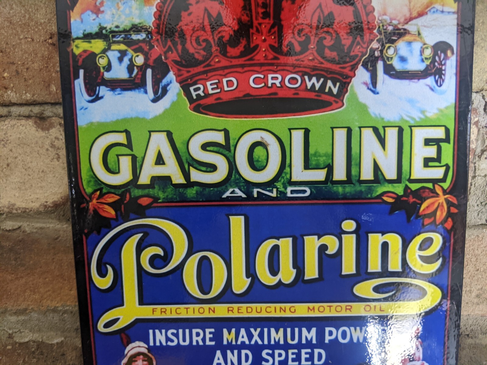 VINTAGE RED CROWN GASOLINE & POLARINE PORCELAIN GAS STATION SIGN 12″ X 8″