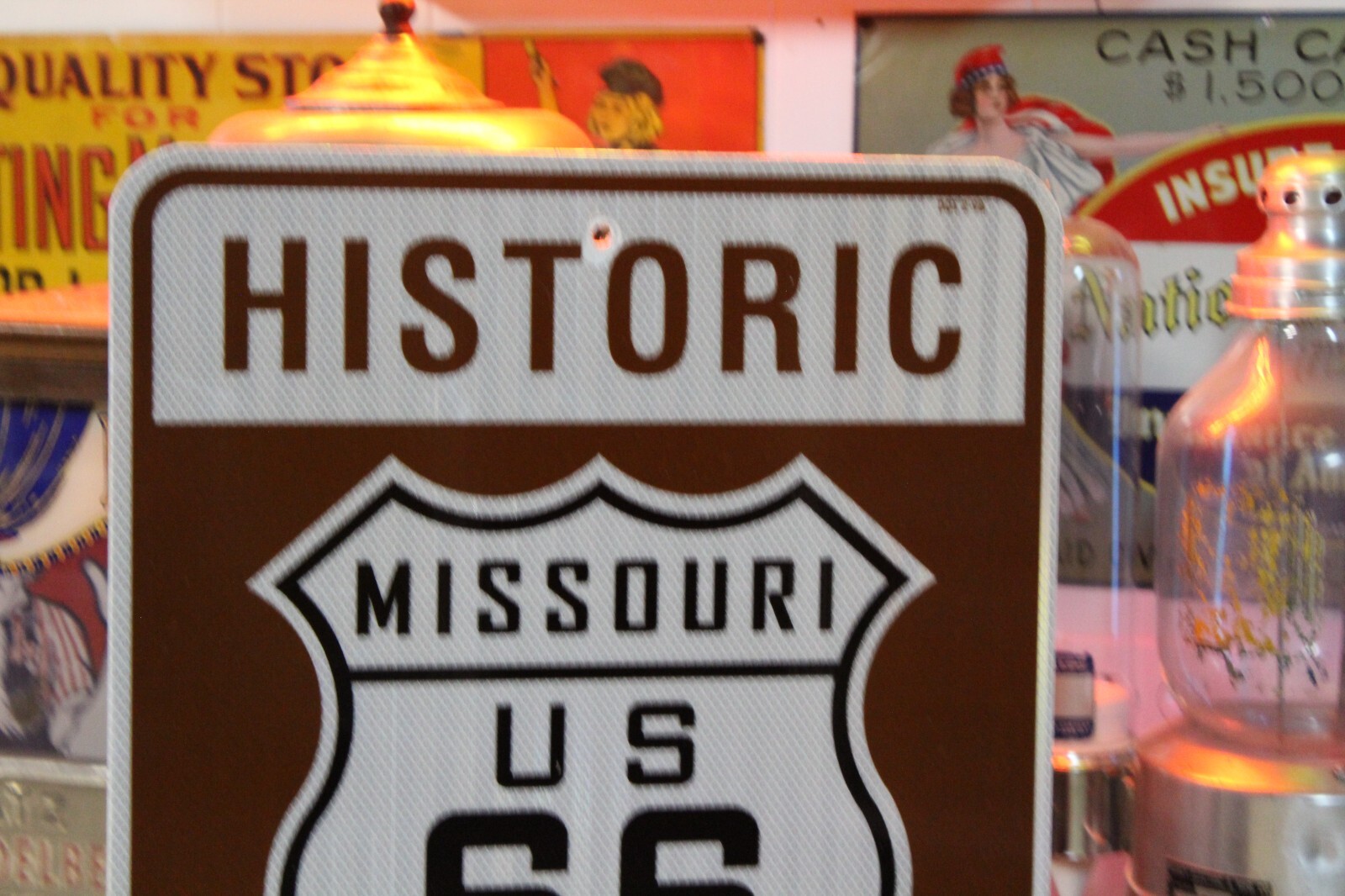 RARE MISSOURI US ROUTE 66 HWY MOTHER ROAD METAL SIGN HISTORIC DOT 2-98 GAS FORD