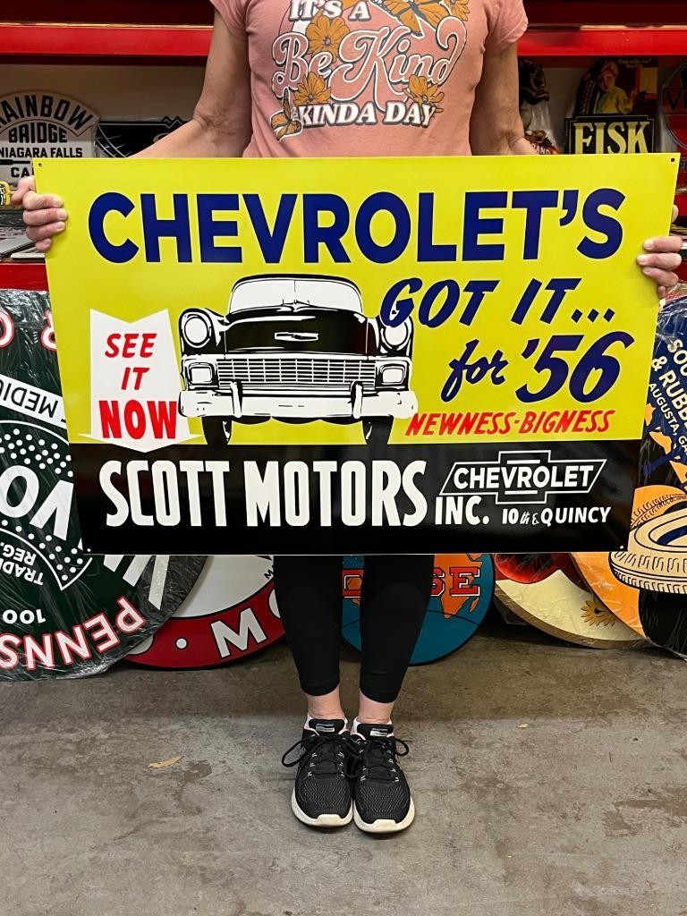 Vintage Style Metal Sign 2 Sided 1956 Chevrolet NOT Porcelain 34×24 Made USA