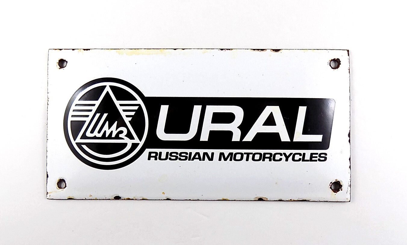 VINTAGE URAL PORCELAIN METAL SIGN 7-7/8″x 3-7/8″ RUSSIAN MOTORCYCLES GEAR UP LUX