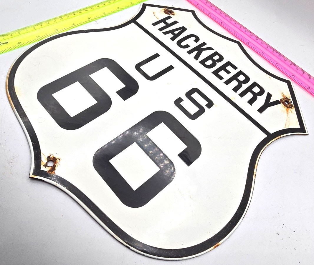 VINTAGE US ROUTE 66 HACKBERRY PORCELAIN METAL HIGHWAY SIGN GAS OIL ROAD SHIELD