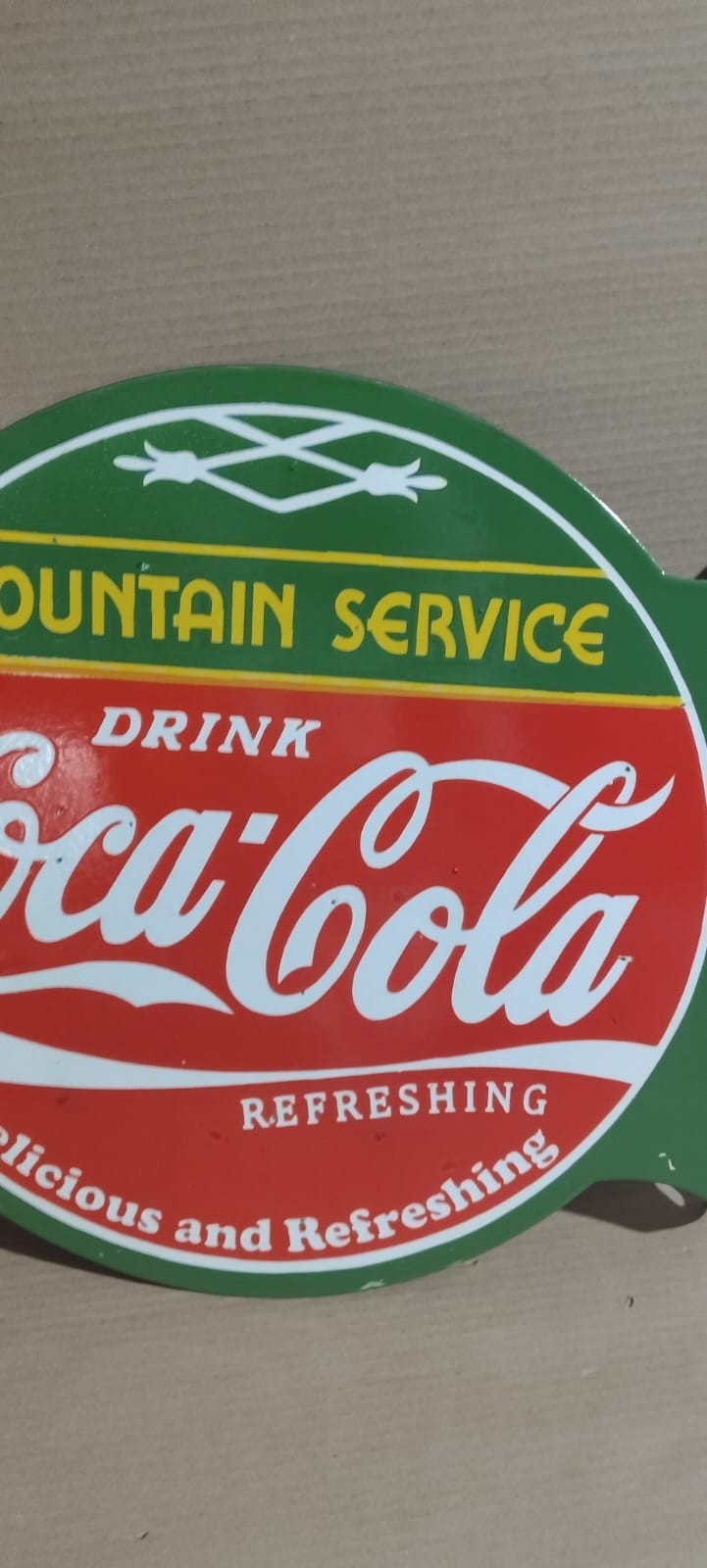Drink Coca Cola Fountain Service Porcelain Enamel Sign 19.5 x 17 Inches 2 Sided