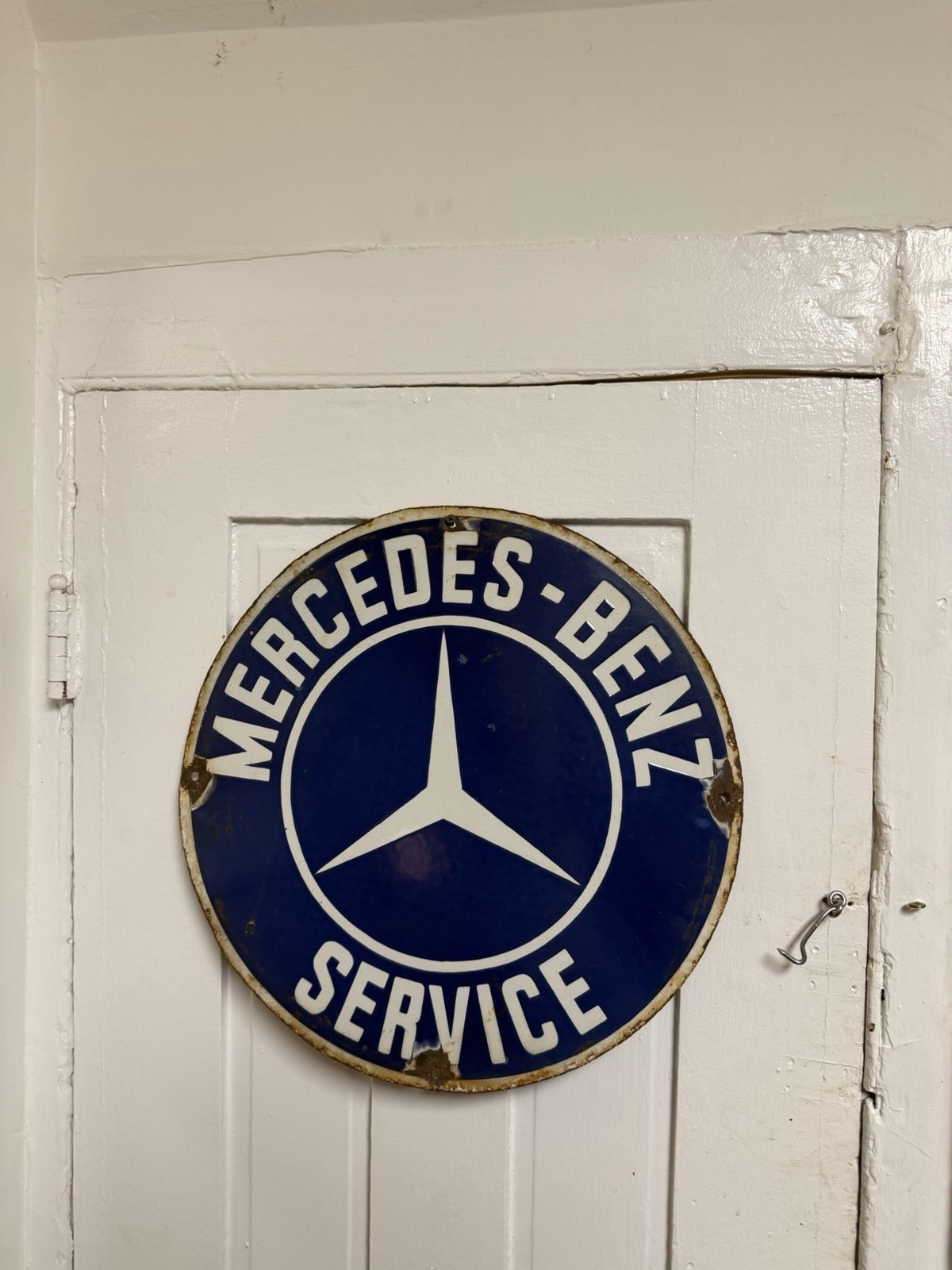 VTG PORCELIAN MERCEDES ENAMEL SIGN SIZE 18X18 INCHES Well Warn