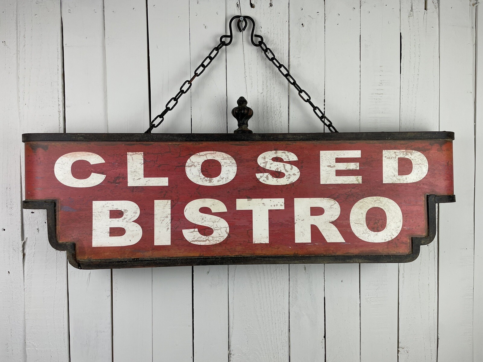 DOUBLE SIDED METAL BISTRO SIGN LARGE 34″ RETRO REPRO RED BLACK WHITE AGED BEAUTI
