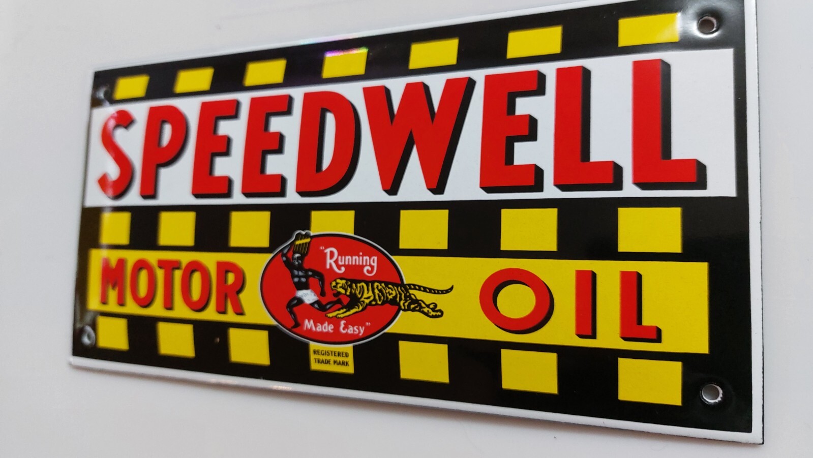 SPEEDWELL MOTOR OIL PORCELAIN DOOR ENAMEL GARAGE SIGN 10x20cm=4×8″