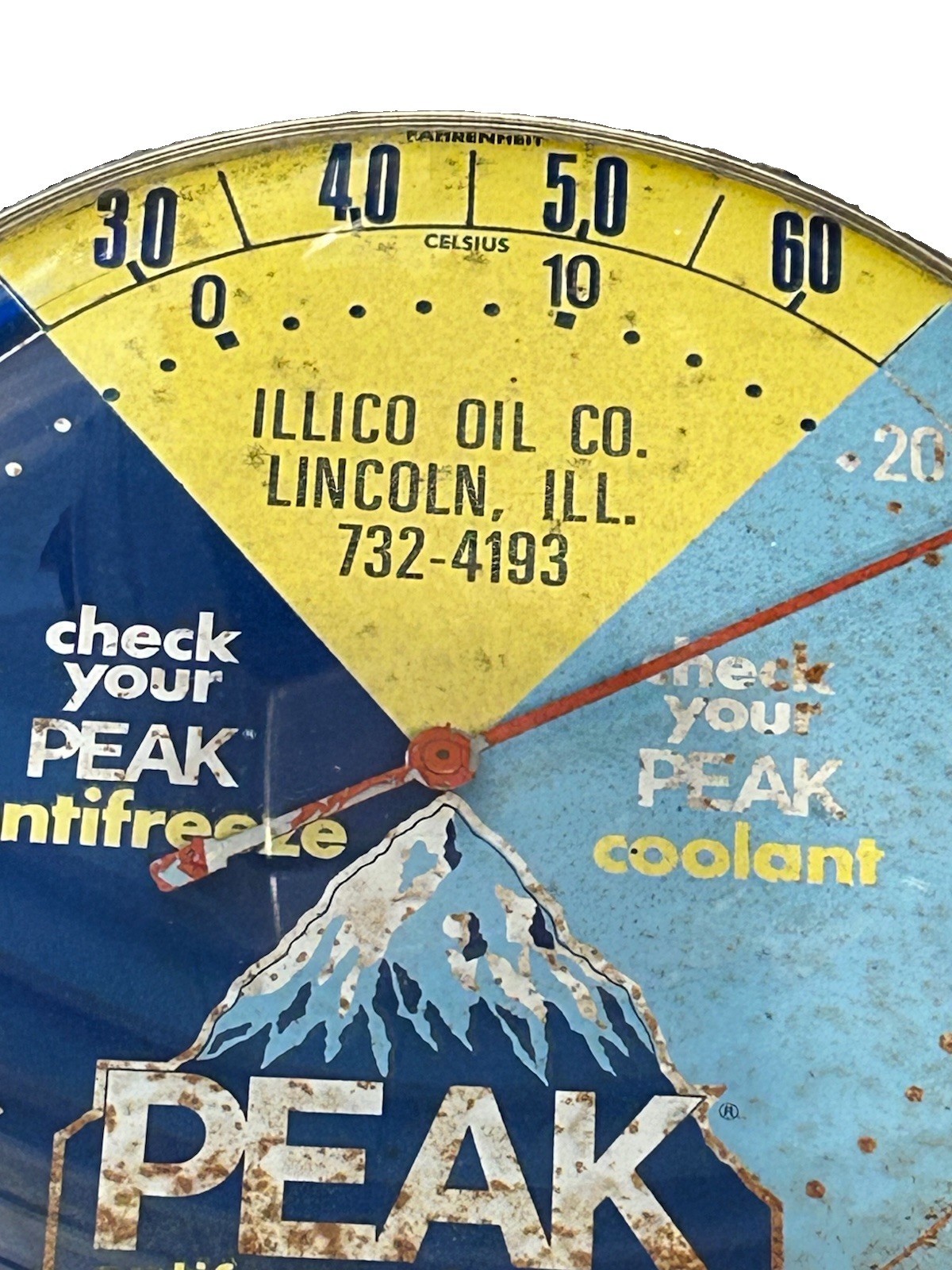 VINTAGE 1960’s-1970’s PEAK ANTIFREEZE AND COOLANT THERMOMETER 10” DIAMETER