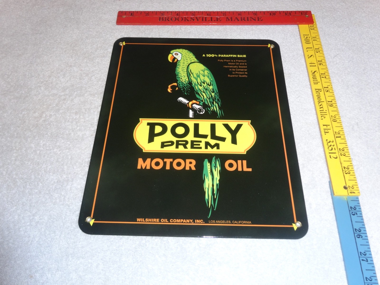 VINTAGE POLLY PREMIUM GASOLINE PARROT 12.5″ PORCELAIN METAL WILSHIRE CA OIL SIGN