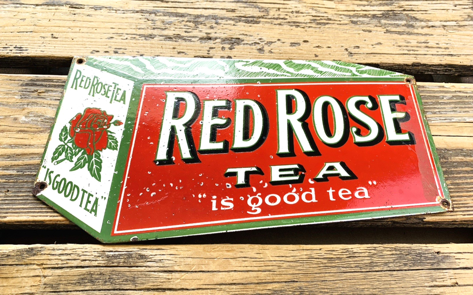 VINTAGE 12×6.5″ RED ROSE TEA PORCELAIN SERVICE PUMP STATION GASOLINE AD OIL SIGN