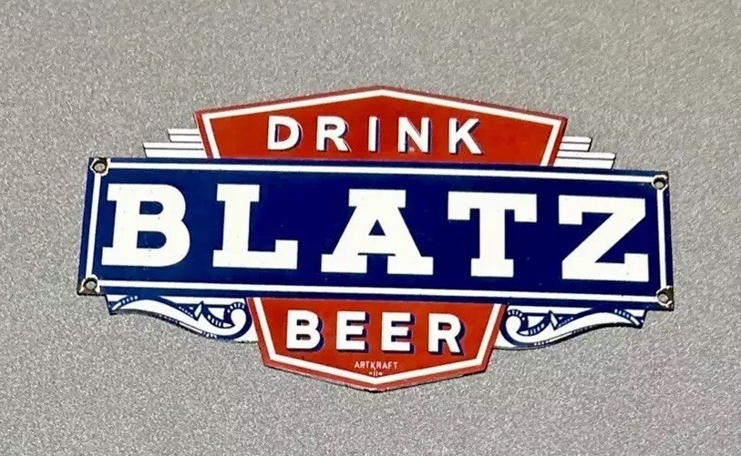 VINTAGE 12” BLATZ BEER ALCOHOL PORCELAIN SIGN GAS OIL CAR TRUCK MOTORCYCLE