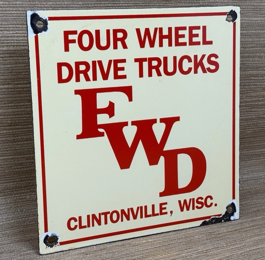 VINTAGE FOUR WHEEL DRIVE TRUCKS PORCELAIN SIGN REPAIR SHOP GAS OIL WISCONSIN