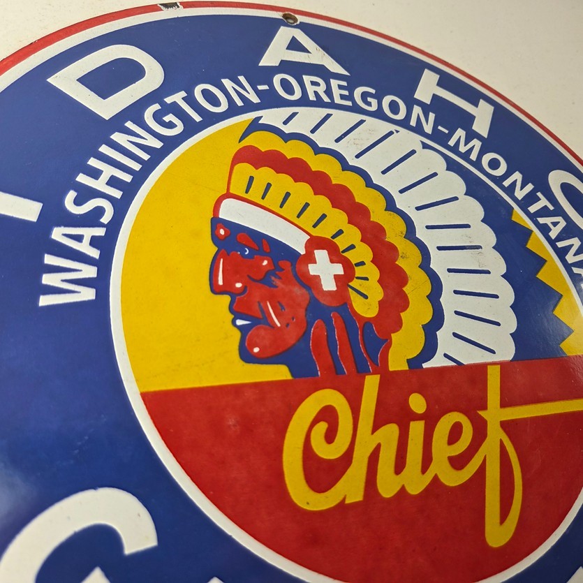 Vintage Idaho Gasoline Sign – Indian Chief Gas Motor Oil Pump Porcelain Sign