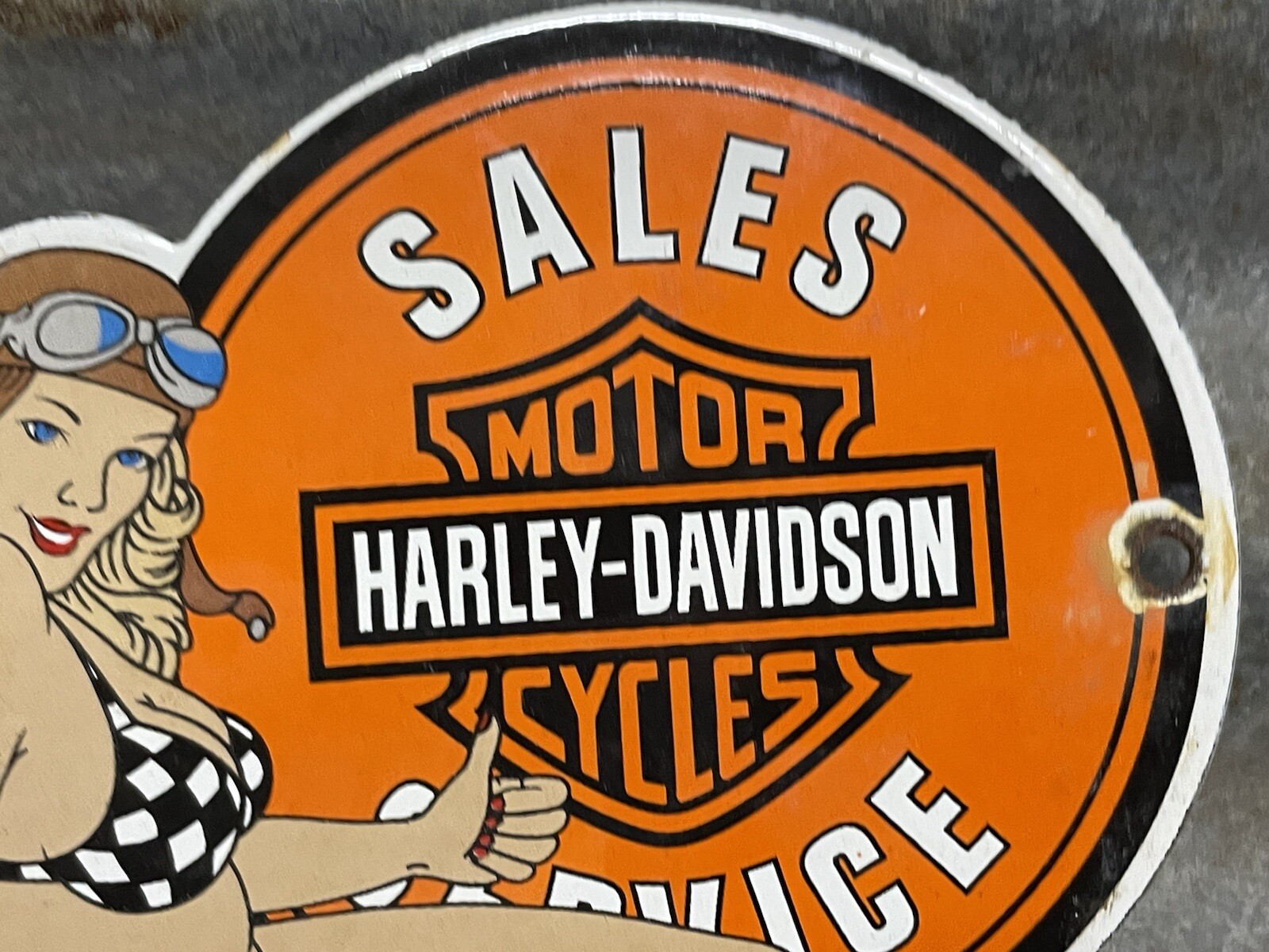 VINTAGE MOTORCYCLE PORCELAIN HARLEY DAVIDSON SIGN SALES GIRL SERVICE GAS PUMP