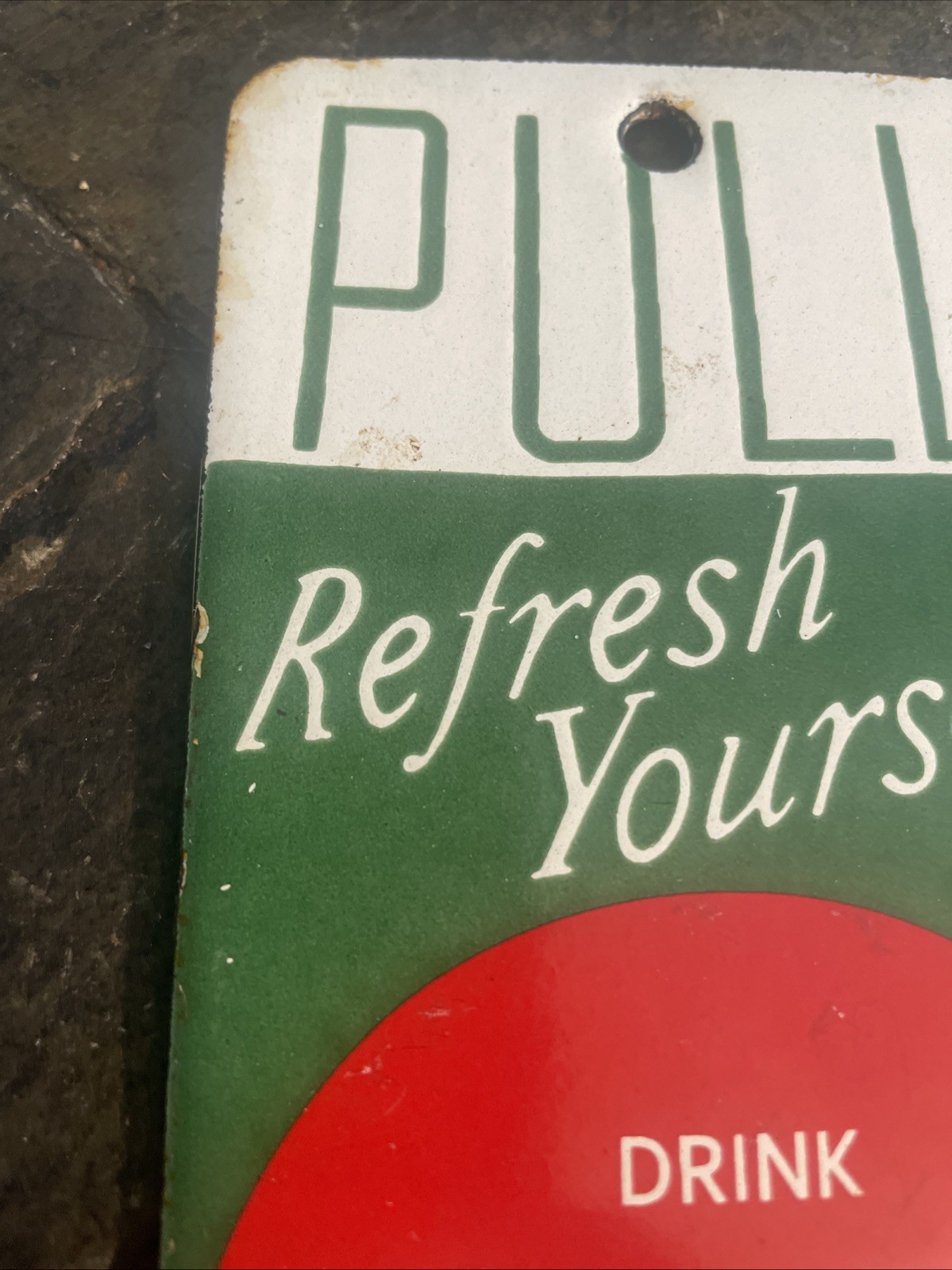 VINTAGE DRINK COCA COLA COKE PULL 6”x3” PORCELAIN REFRESH YOURSELF SIGN SODA