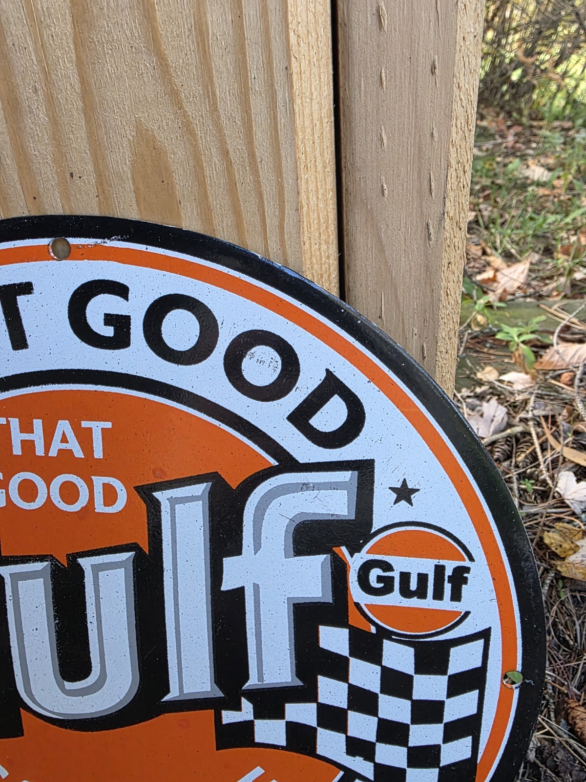 VINTAGE “THAT GOOD GULF “GASOLINE PORCELAIN GAS PUMP MOTOR OIL SIGN 12″