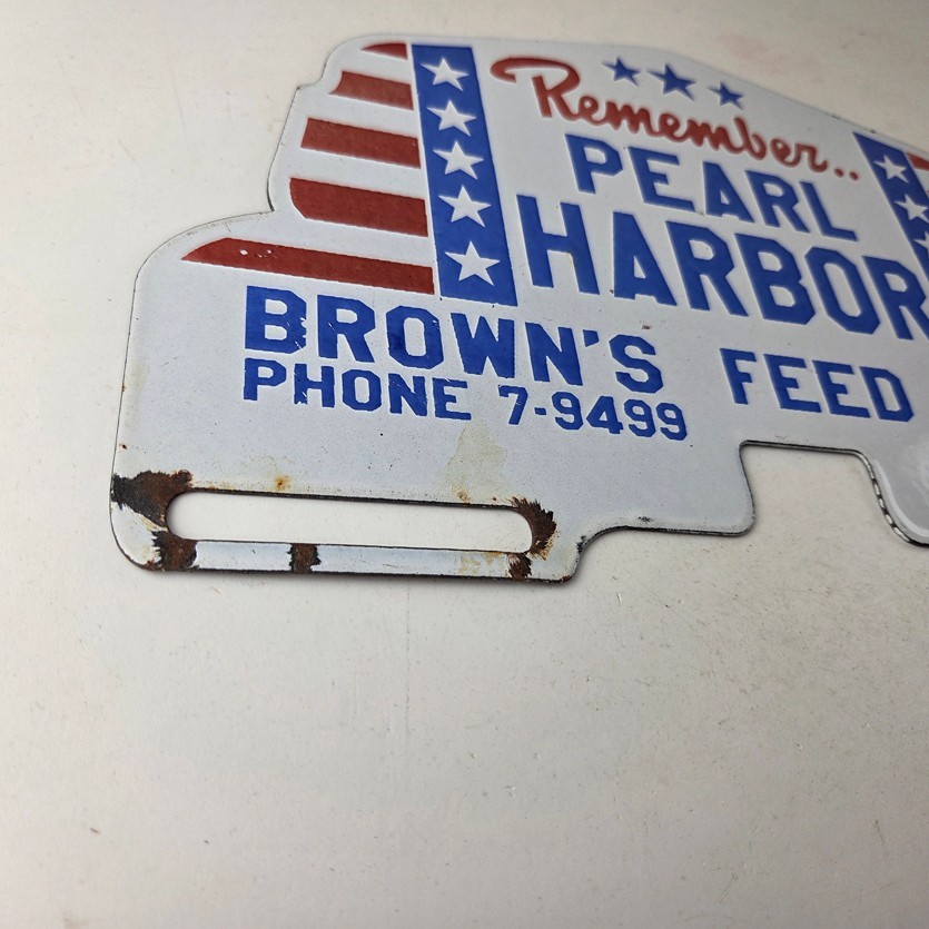 Vintage Pearl Harbor License Plate Topper – Feed Sign Ad on Automobile Topper