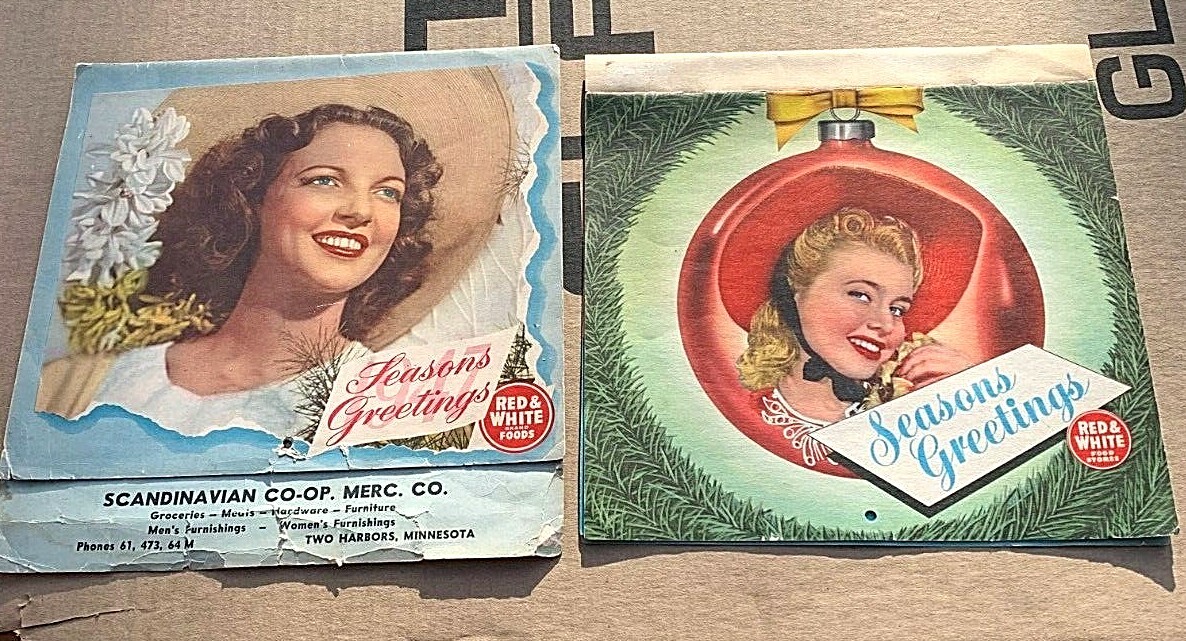 2 Vintage Red White Grocery Advertising Calendars Two Harbors Minnesota