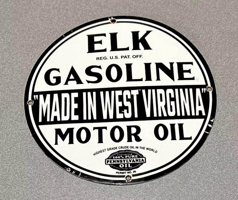 VINTAGE 12” ELK GASOLINE WEST VIRGINIA PORCELAIN SIGN CAR GAS OIL MOTORCYCLE