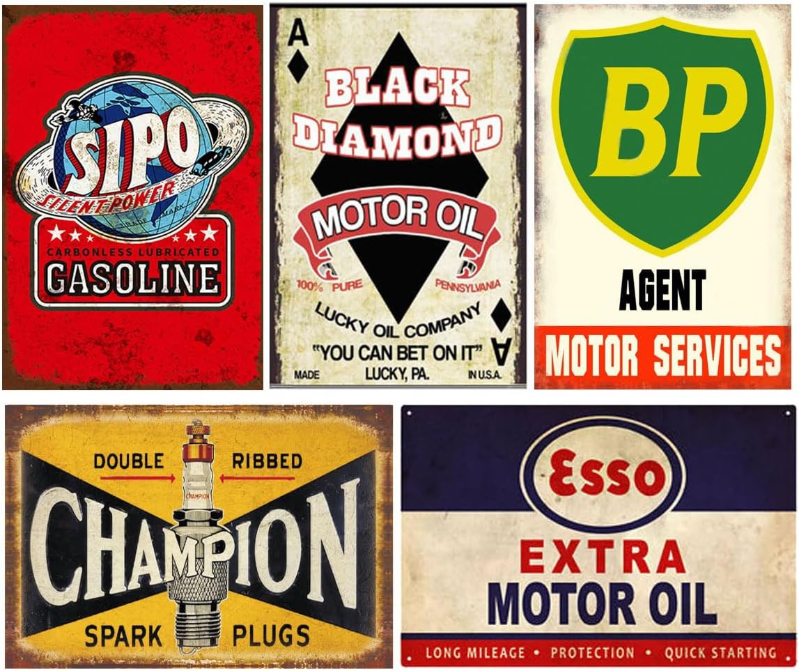 Reproduced Vintage Tin Sign Pack, Gas Oil Retro Advert Antique Metal Signs for G