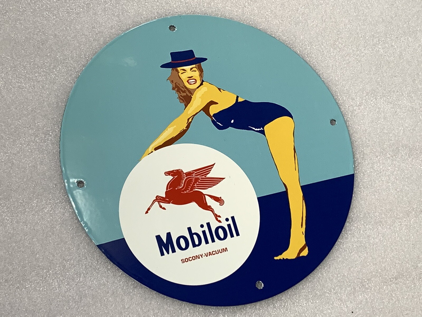12in Mobil Oil MOBILOIL GASOLINE PORCELAIN SIGN GAS PUMP PLATE Mobilgas Pinup