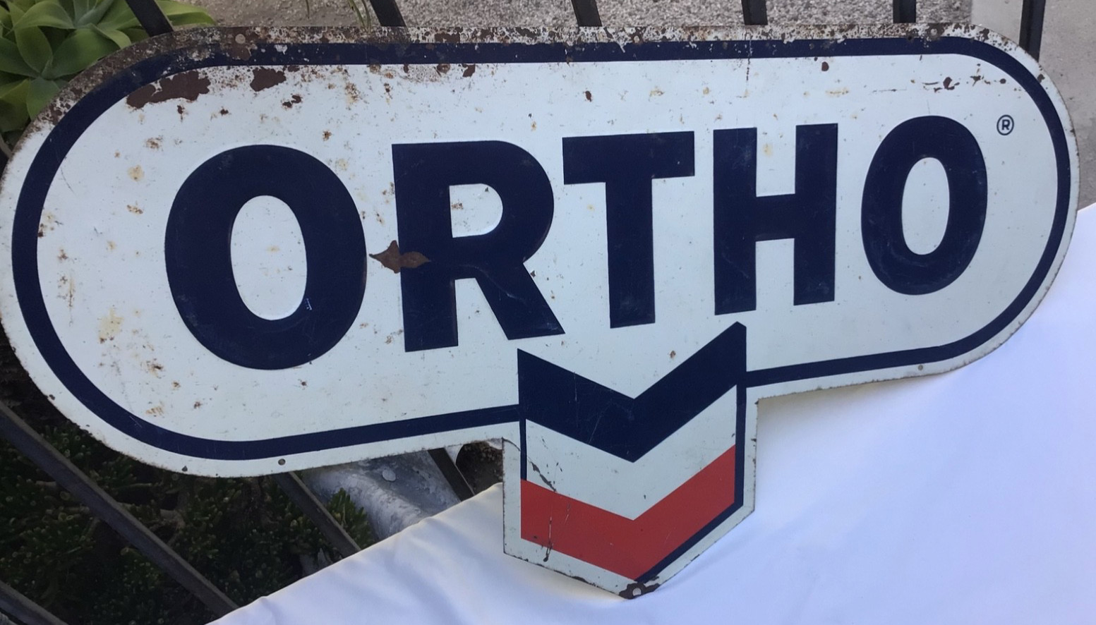 Vintage Chevron ORTHO Tin Advertisement Sign Gas Gasoline Fertilizer 1950s-1960s