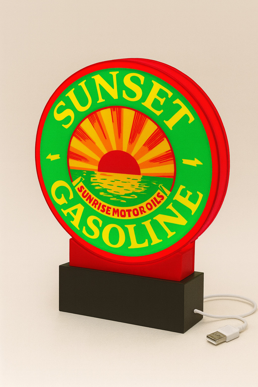 Lighted Sunset Gasoline Sign – Approx. 9″ Wide – Vintage Style