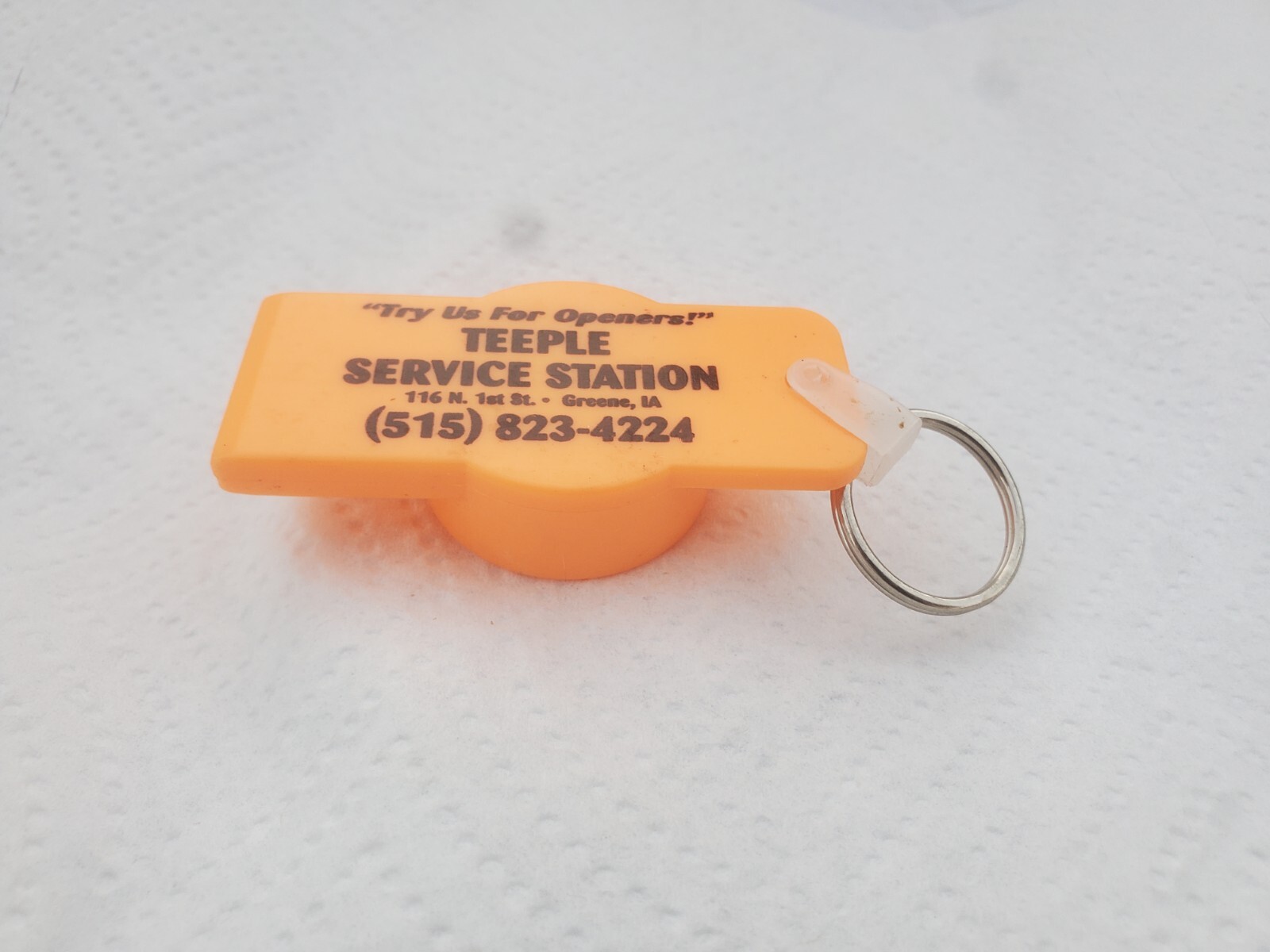 Orange Plastic Keychain Bottle Opener Teeple Service Station Greene Iowa Gas Oil