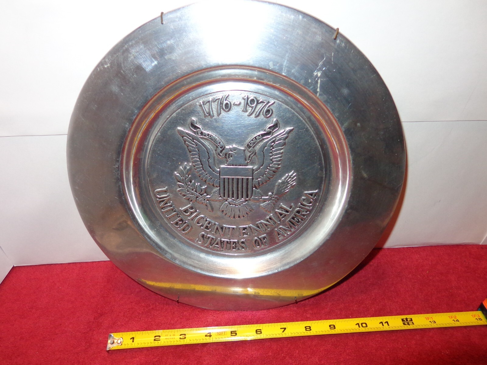 12 in SOLID ALUMINUM USA BICENTENNIAL DECORATIVE PLATE WILTON COLUMBUS PA # L 15