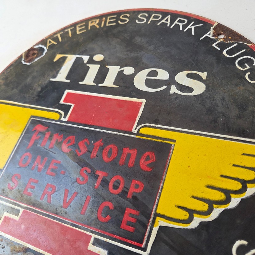 Vintage Firestone Tires Sign – One Stop Sales Service Gas Pump Porcelain Sign