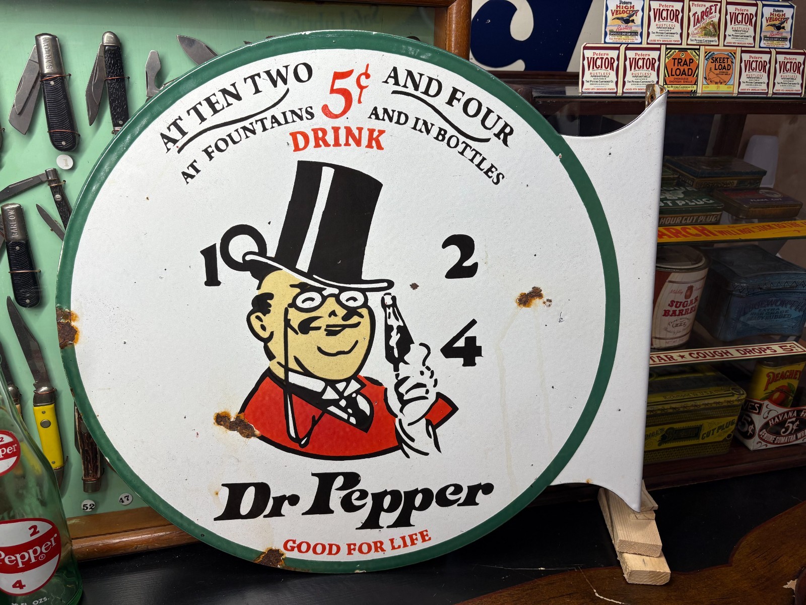 OLD “Dr PEPPER 10-2-4″ LARGE PORCELAIN FLANGE ADVERTISING SIGN, (19″x 18”) NICE