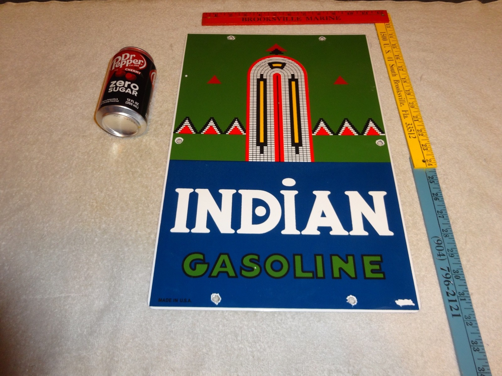 VINTAGE INDIAN GASOLINE 18″ PORCELAIN METAL MOTORCYCLE GAS & OIL PUMP PLATE SIGN