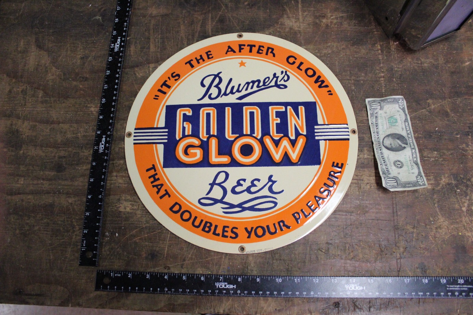 RARE BLUMER’S GOLDEN GLOW MONROE WISCONSIN BEER DEALER PORCELAIN METAL SIGN