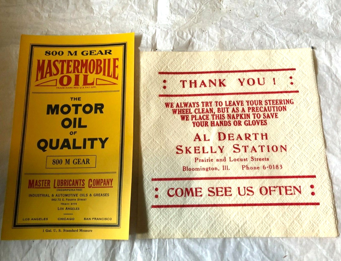Mastermobile Oil Label and Skelly Station Napkin