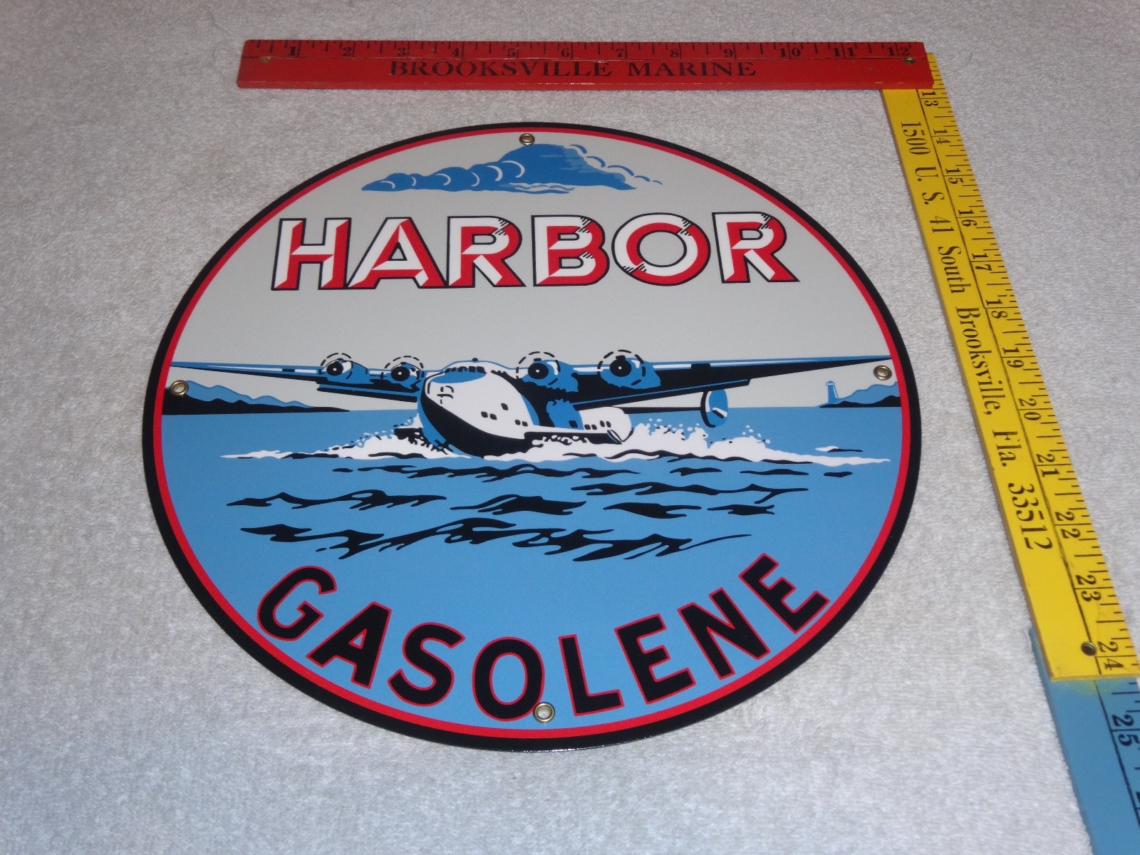 VINTAGE HARBOR GASOLINE AIRPLANE SEAPLANE 11 3/4″ PORCELAIN METAL GAS & OIL SIGN
