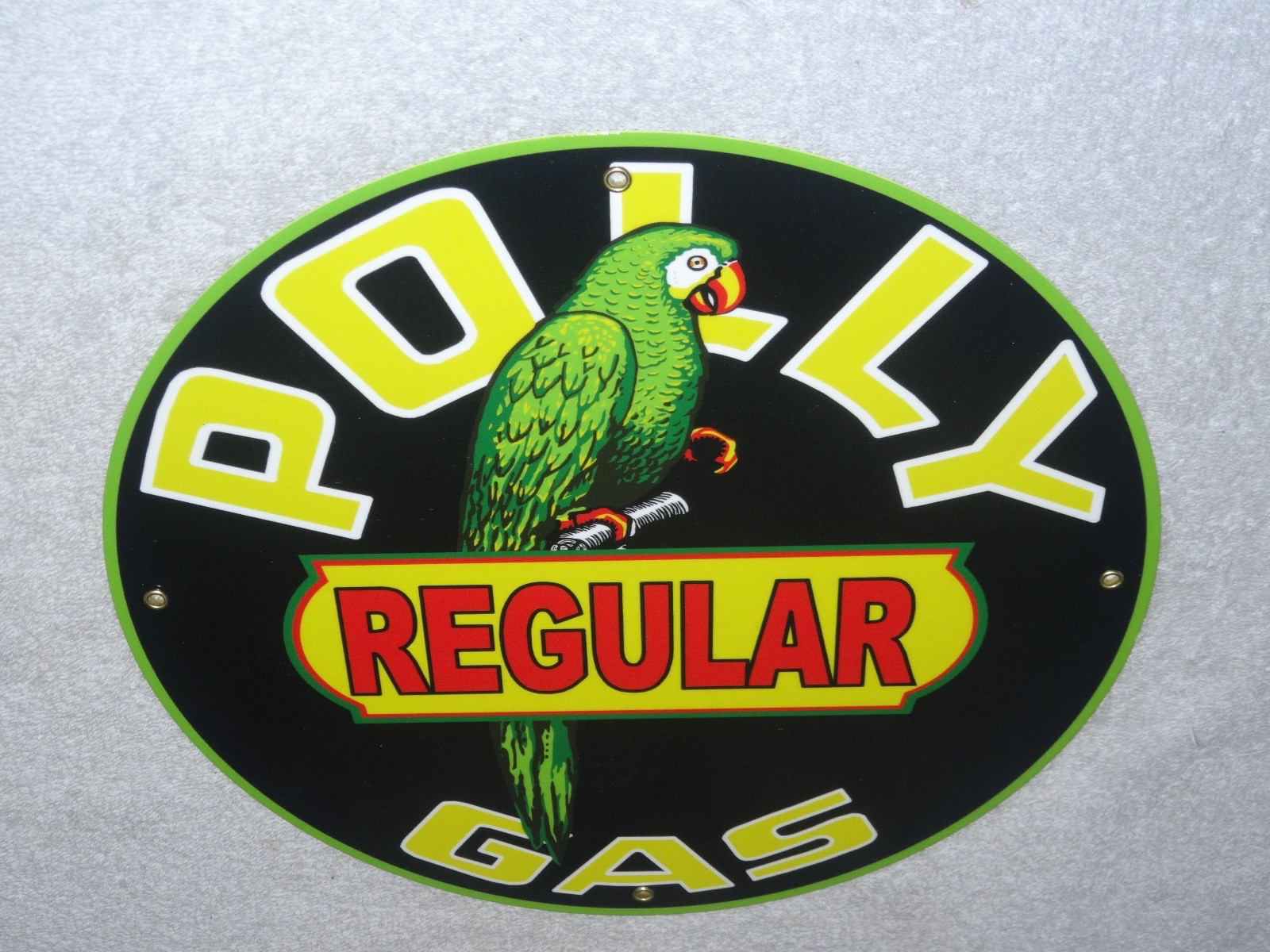 VINTAGE POLLY REGULAR GAS PARROT 🦜 11 3/4″ PORCELAIN METAL GASOLINE & OIL SIGN