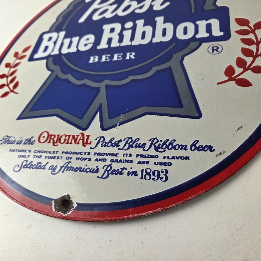 Vintage Pabst Blue Ribbon Beer Porcelain Sign – Ribbon Badge Logo Sign