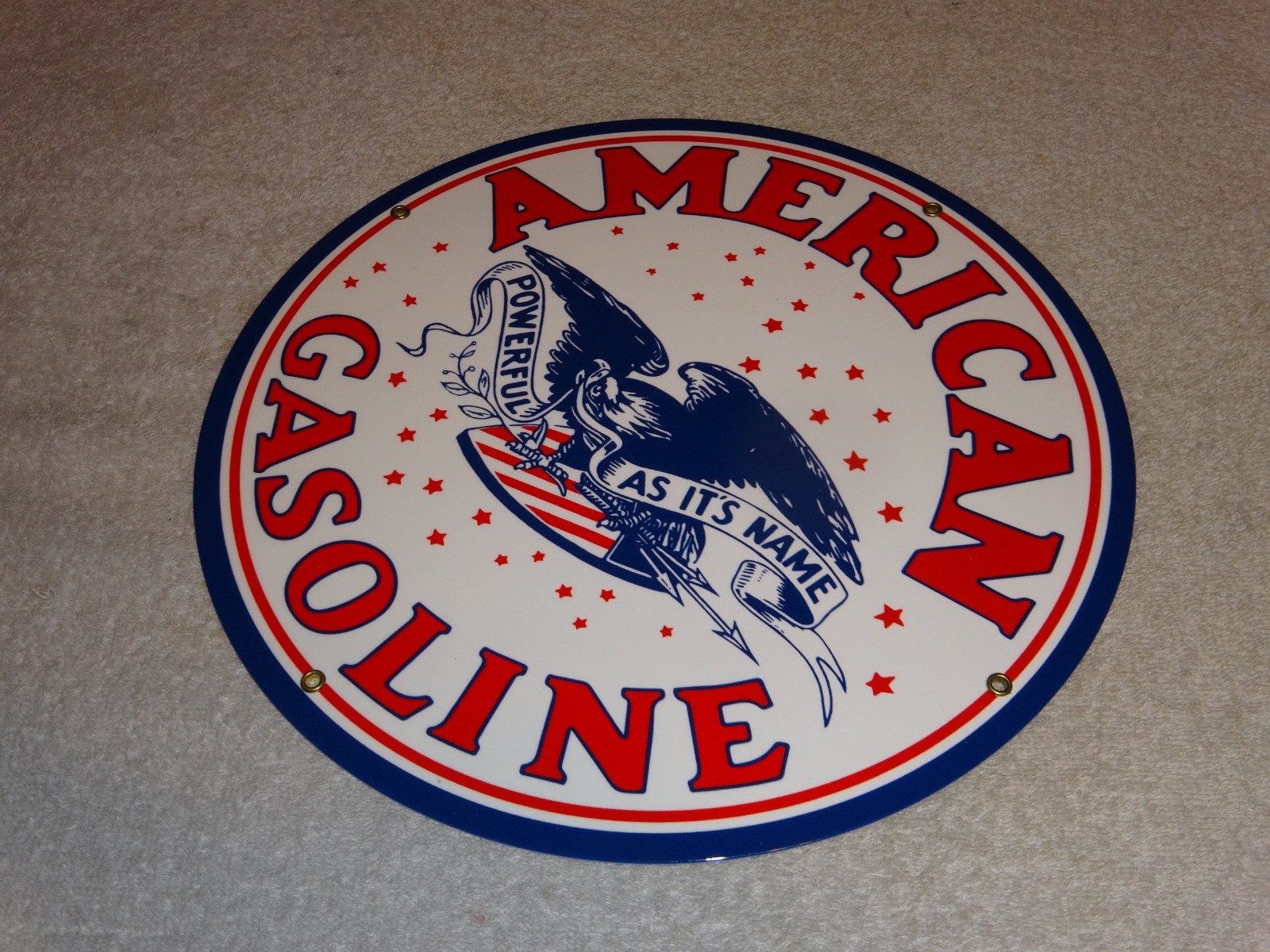 VINTAGE AMERICAN GASOLINE POWERFUL EAGLE 11 3/4″ PORCELAIN METAL GAS & OIL SIGN