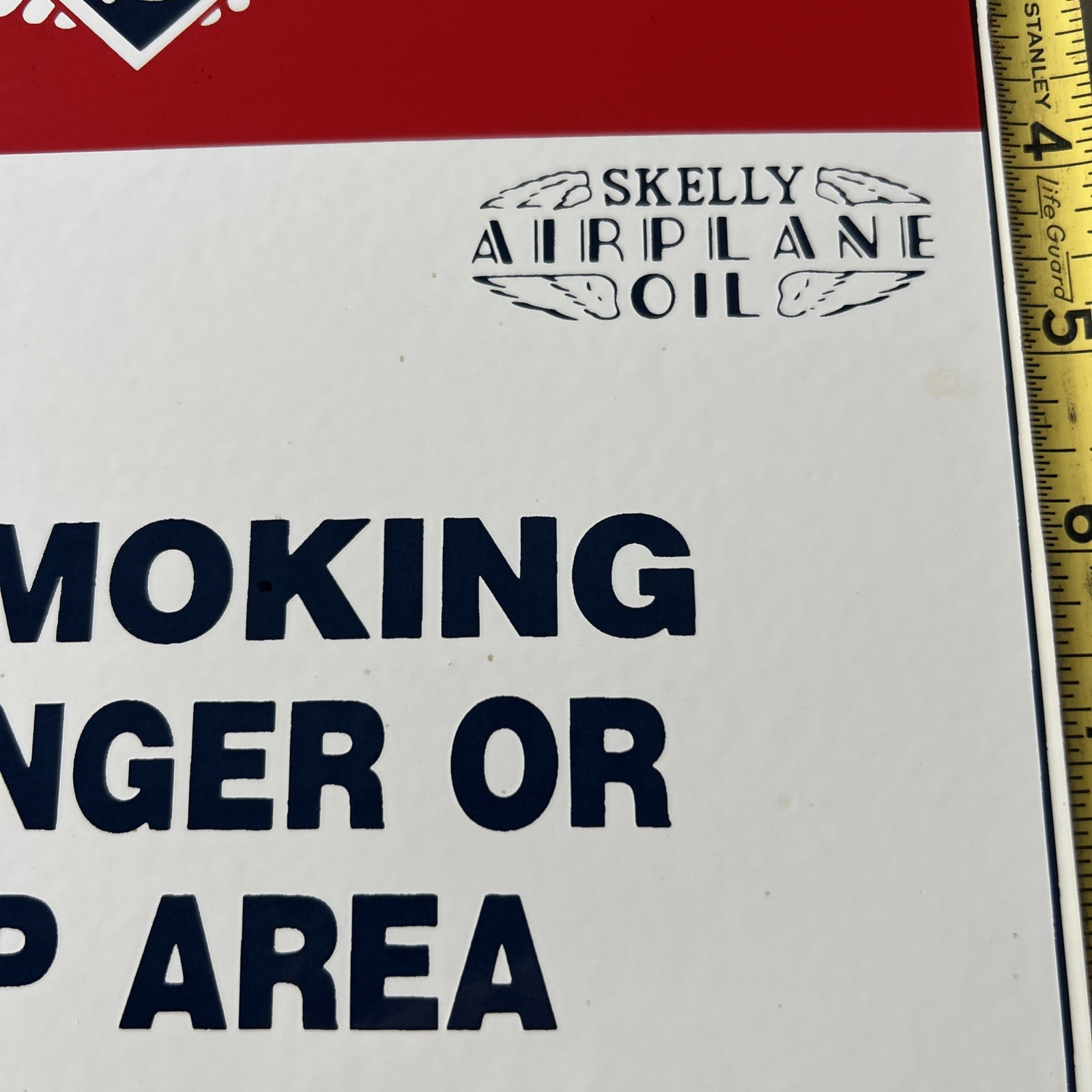 VINTAGE SKELLY GASOLINE “NO SMOKING IN HANGER OR RAMP AREA” PORCELAIN SIGN