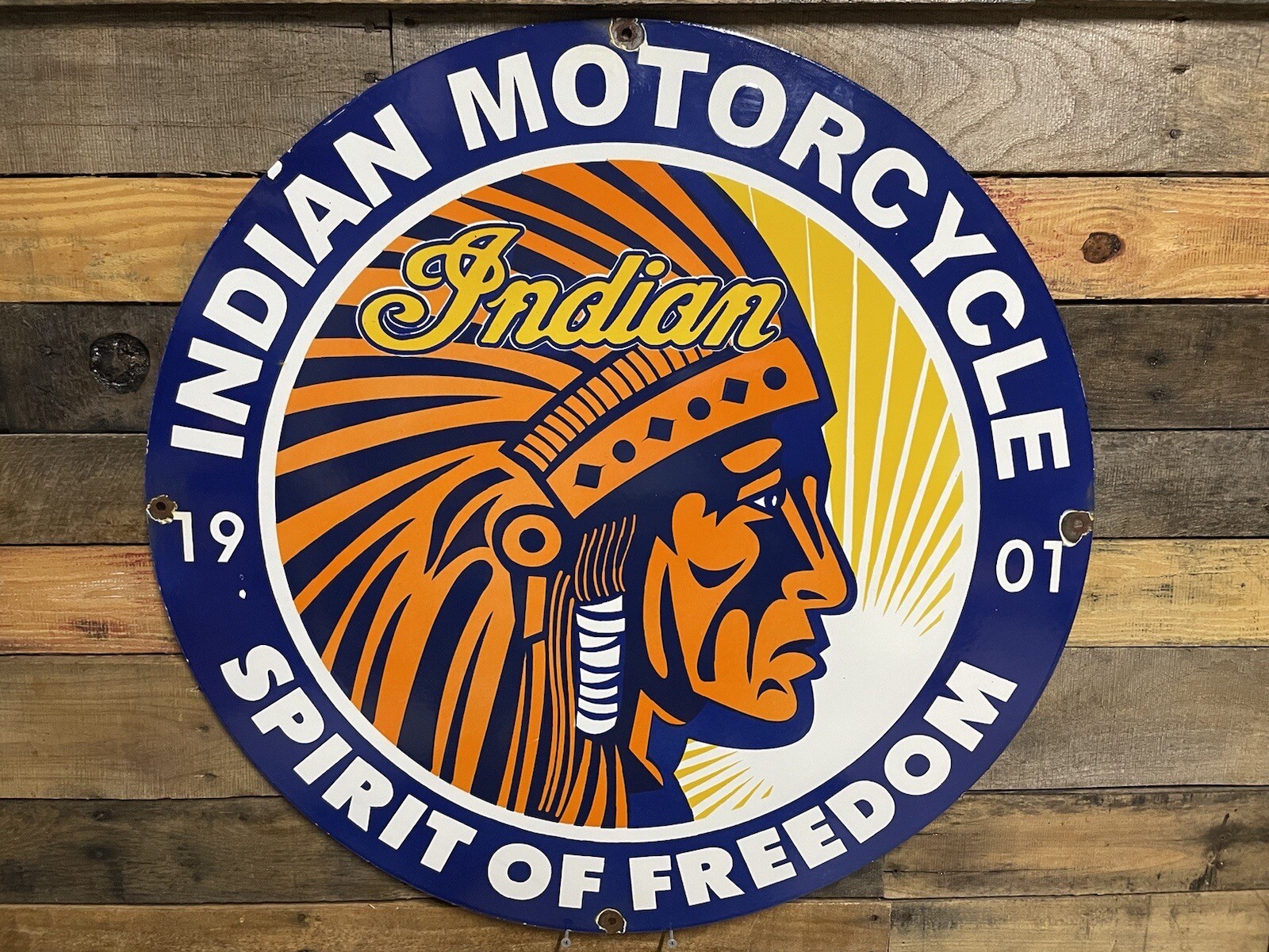 INDIAN MOTORCYCLE DEALER 30″ VINTAGE PORCELAIN SIGN SERVICE GARAGE SALES GAS