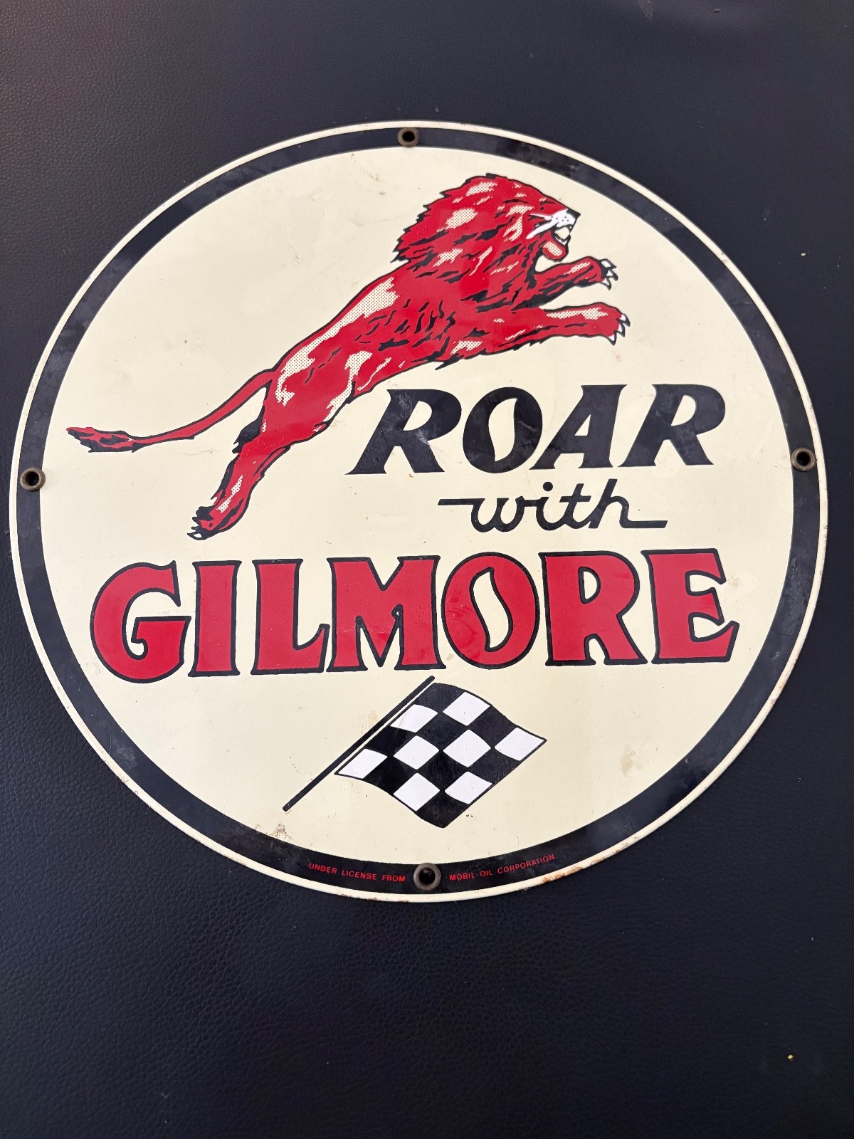 11 3/4 ROAR WITH GILMORE GASOLINE & OIL ADV. SIGN DIE CUT METAL PORCELAIN -S 279