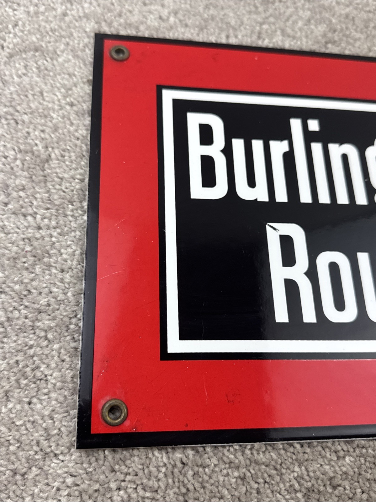 Vintage BURLINGTON ROUTE Porcelain TRAIN SIGN Metal Railroad RAIL Railway Engine