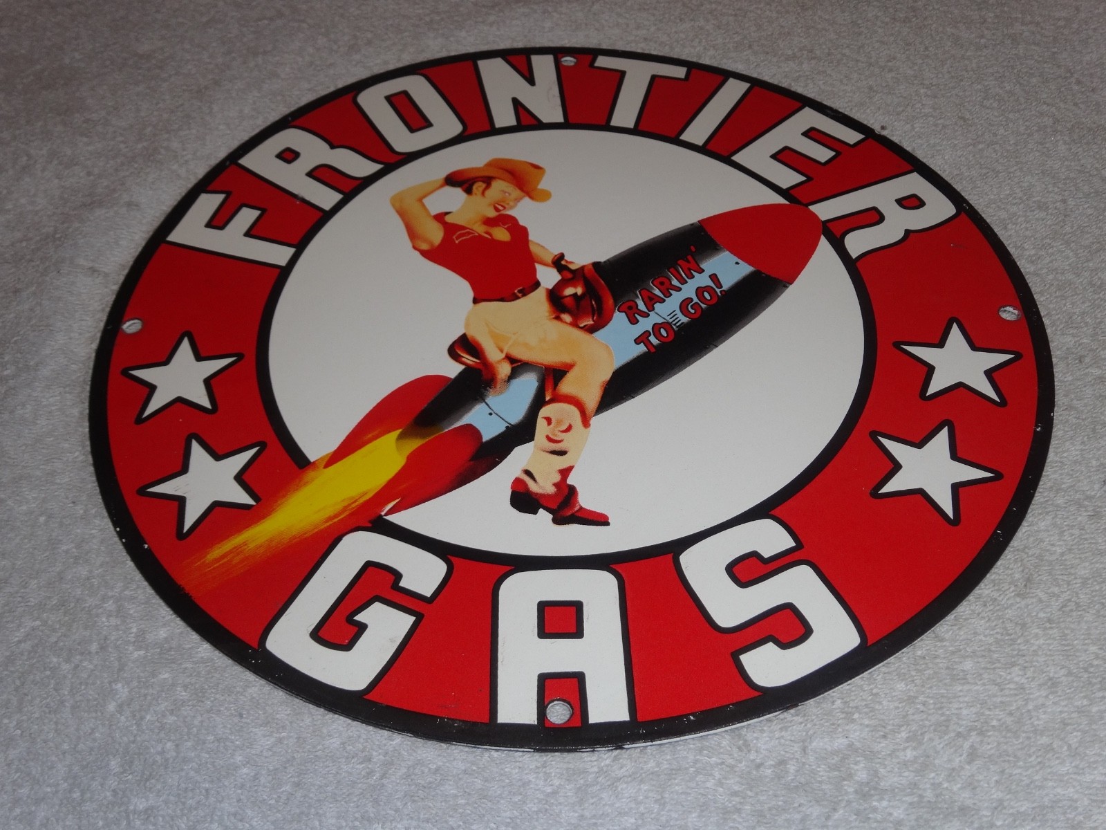 VINTAGE FRONTIER GASOLINE WOMAN ON ROCKET 11 3/4″ PORCELAIN METAL GAS & OIL SIGN