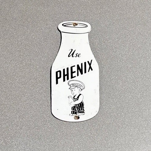 VINTAGE PHENIX MILK BOTTLE BOY FARM PORCELAIN SIGN CAR GAS OIL TRUCK MOTORCYCLE